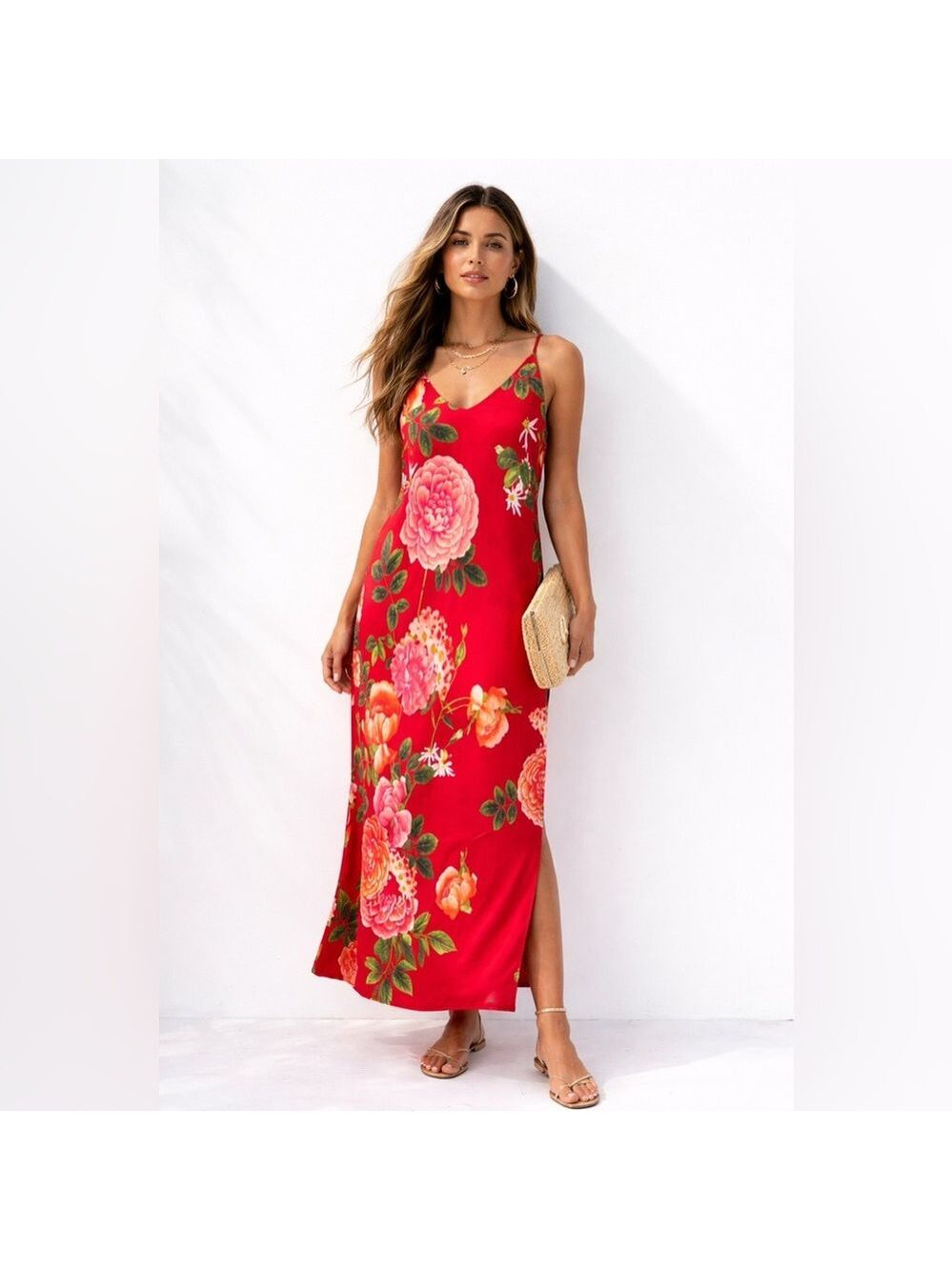 Natori XL Red Romantic Floral Slip Maxi Dress Resort Boho